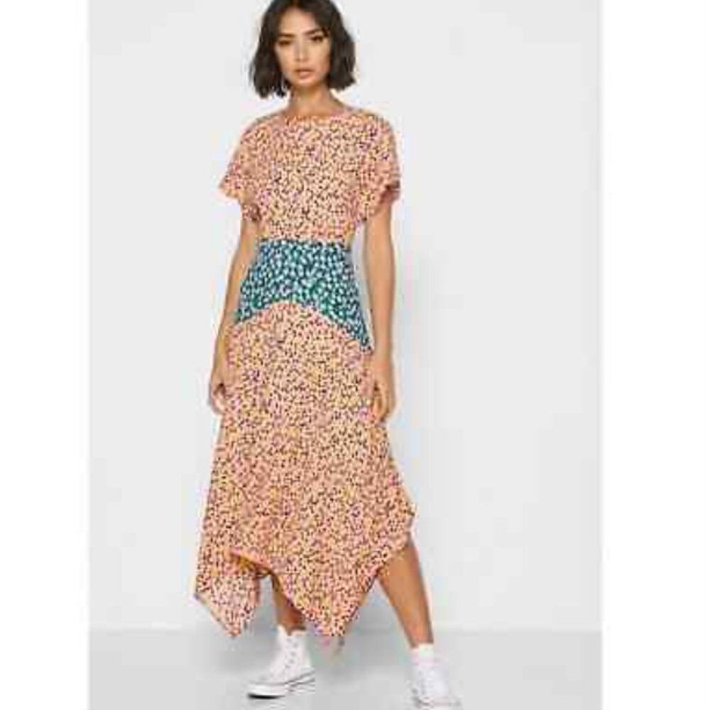 Topshop Mixed Floral Print Hanky Hem Midi Dress Size 6 NEW Asymmetrical